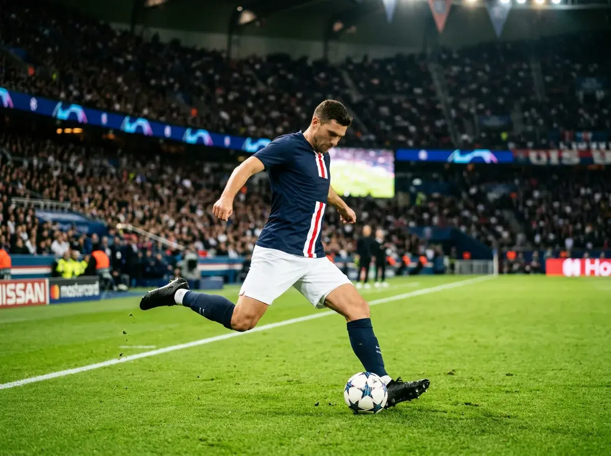 Joueur en maillot bleu marine du Paris Saint-Germain frappant le ballon sur la pelouse en Ligue des Champions
